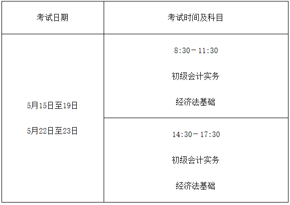 2021年天津初级会计考试时间5月15日至19日，5月22日至23日