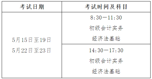 2021年初级会计职称考试时间5月15日至19日，5月22日至23日